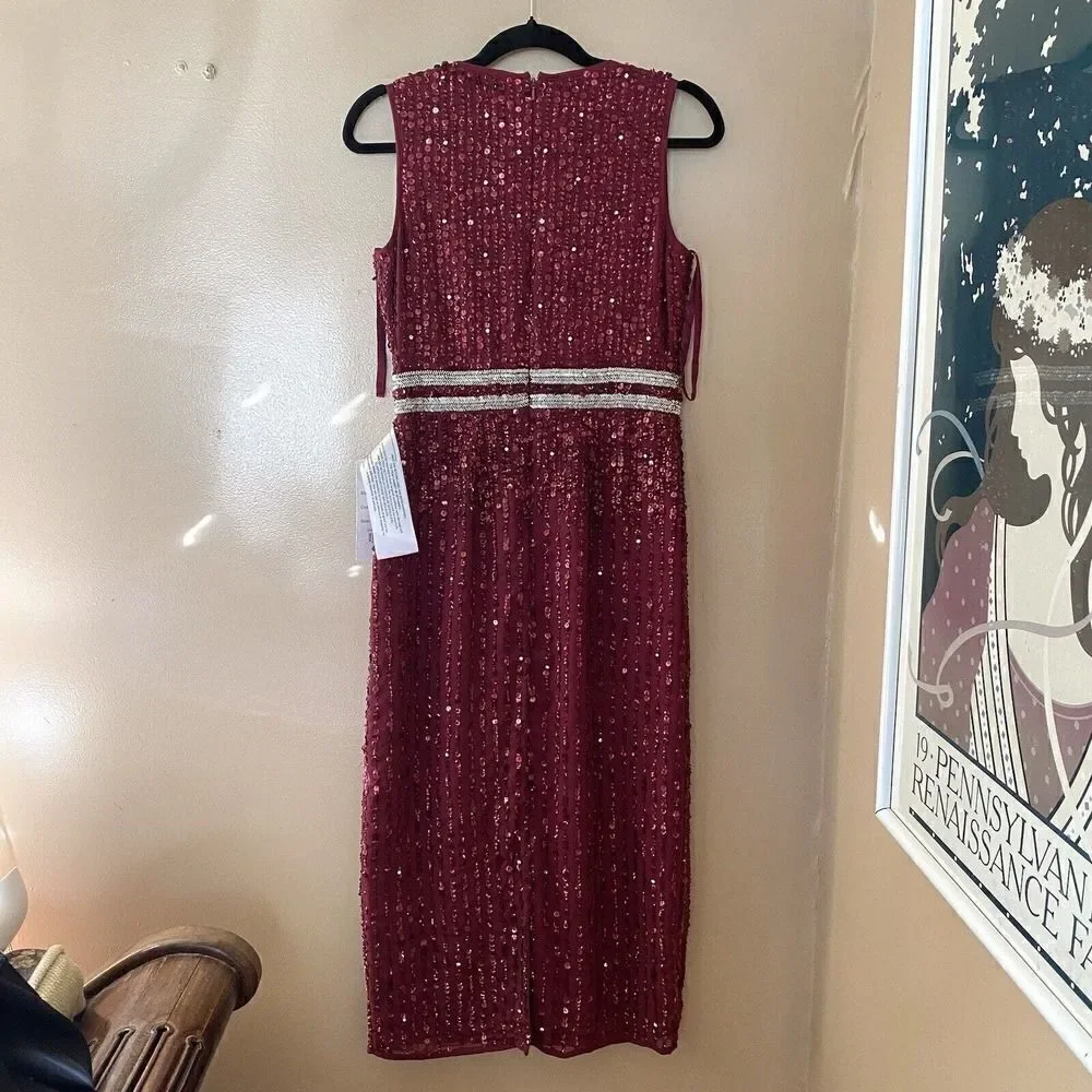 Mac Duggal Red Sequin Beaded Midi Sheath Cocktail Dress Gown Sz 6 $398 NWT 10509